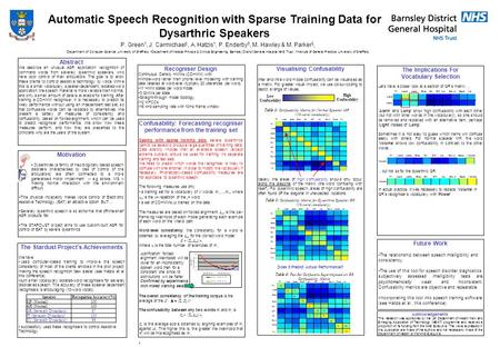 Automatic Speech Recognition with Sparse Training Data for Dysarthric Speakers P. Green 1, J. Carmichael 1, A. Hatzis 1, P. Enderby 3, M. Hawley & M. Parker.