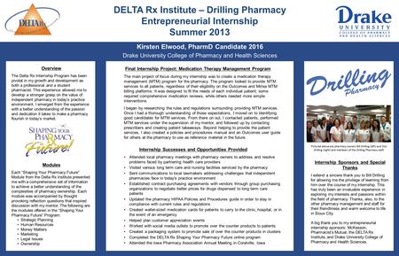 Kirsten Elwood, PharmD Candidate 2016 Drake University College of Pharmacy and Health Sciences Overview The Delta Rx Internship Program has been pivotal.