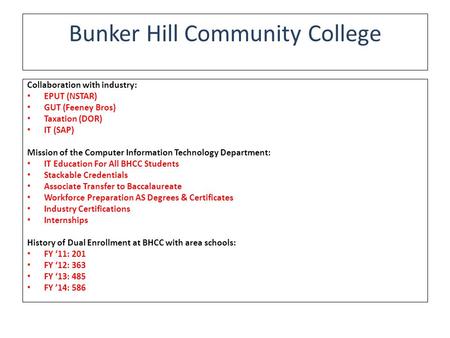 Bunker Hill Community College Collaboration with industry: EPUT (NSTAR) GUT (Feeney Bros) Taxation (DOR) IT (SAP) Mission of the Computer Information Technology.