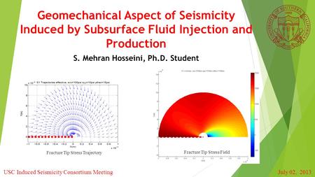 Geomechanical Aspect of Seismicity Induced by Subsurface Fluid Injection and Production S. Mehran Hosseini, Ph.D. Student Fracture Tip Stress Field Fracture.