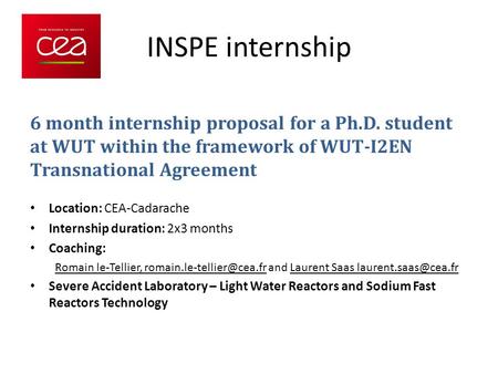 INSPE internship 6 month internship proposal for a Ph.D. student at WUT within the framework of WUT-I2EN Transnational Agreement Location: CEA-Cadarache.