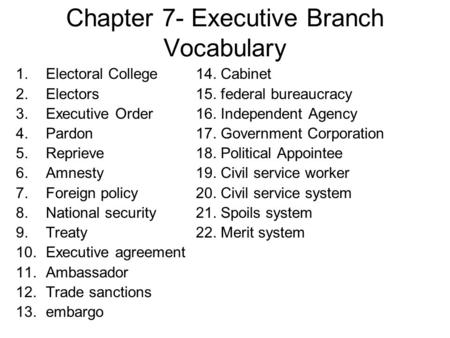 Chapter 7- Executive Branch Vocabulary