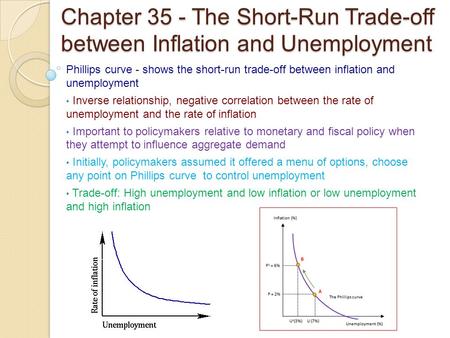 Chapter 35 - The Short-Run Trade-off between Inflation and Unemployment Phillips curve - shows the short-run trade-off between inflation and unemployment.