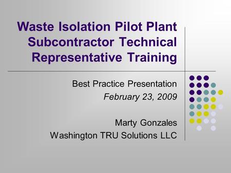 Waste Isolation Pilot Plant Subcontractor Technical Representative Training Best Practice Presentation February 23, 2009 Marty Gonzales Washington TRU.