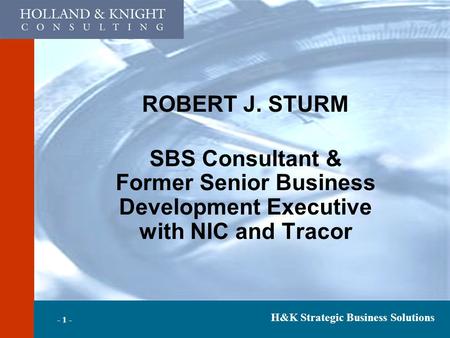 H&K Strategic Business Solutions - 1 - ROBERT J. STURM SBS Consultant & Former Senior Business Development Executive with NIC and Tracor.