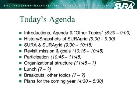 Today’s Agenda Introductions, Agenda & “Other Topics” (8:30 – 9:00) History/Snapshots of SURAgrid (9:00 – 9:30) SURA & SURAgrid (9:30 – 10:15) Revisit.