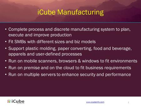 Complete process and discrete manufacturing system to plan, execute and improve production Fit SMBs with different sizes and biz models Support plastic.