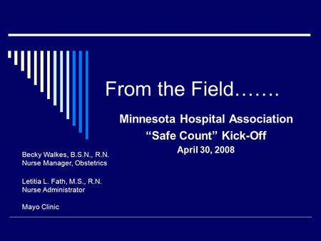 From the Field……. Minnesota Hospital Association “Safe Count” Kick-Off April 30, 2008 Becky Walkes, B.S.N., R.N. Nurse Manager, Obstetrics Letitia L. Fath,