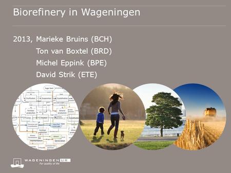 Biorefinery in Wageningen 2013, Marieke Bruins (BCH) Ton van Boxtel (BRD) Michel Eppink (BPE) David Strik (ETE)