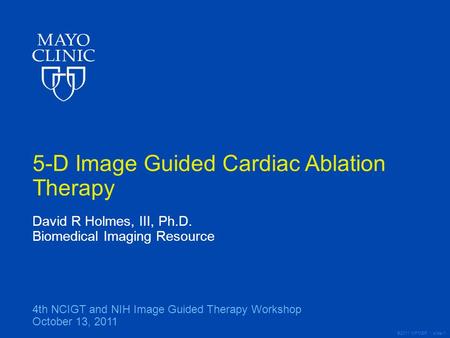 ©2011 MFMER | slide-1 5-D Image Guided Cardiac Ablation Therapy David R Holmes, III, Ph.D. Biomedical Imaging Resource 4th NCIGT and NIH Image Guided Therapy.