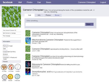 Facebook Cameron Chloroplast Today I moved around along the tracks of the cytoskeleton inside the cell…it was very interesting. WallPhotosFlairBoxesCameron.