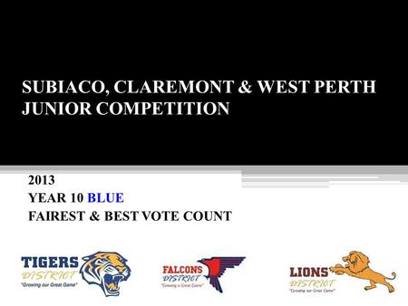 SUBIACO, CLAREMONT & WEST PERTH JUNIOR COMPETITION 2013 YEAR 10 BLUE FAIREST & BEST VOTE COUNT.