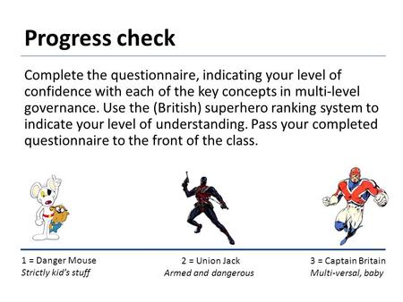 Progress check Complete the questionnaire, indicating your level of confidence with each of the key concepts in multi-level governance. Use the (British)