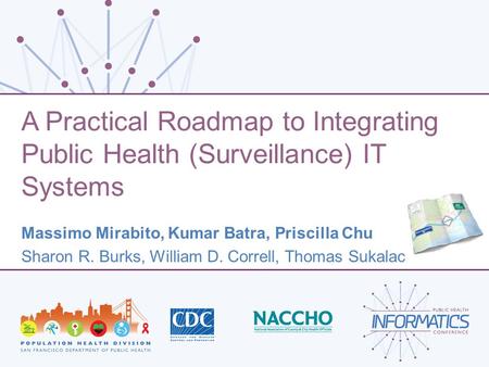 A Practical Roadmap to Integrating Public Health (Surveillance) IT Systems Massimo Mirabito, Kumar Batra, Priscilla Chu Sharon R. Burks, William D. Correll,