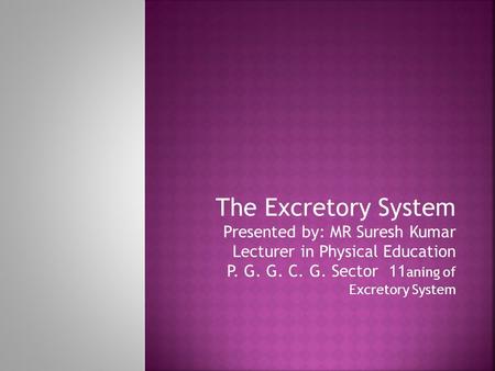 The Excretory System Presented by: MR Suresh Kumar Lecturer in Physical Education P. G. G. C. G. Sector 11 aning of Excretory System.