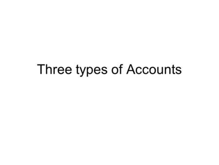 Three types of Accounts. Personal Account Account which shows dealing of business with a person is known as personal account A person can be Natural Person.