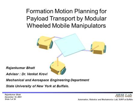 Rajankumar Bhatt December 12, 2003 Slide 1 of 36 Automation, Robotics and Mechatronics Lab, SUNY at Buffalo Formation Motion Planning for Payload Transport.