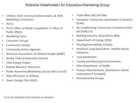 Potential Stakeholders for Education/Marketing Group Utilities, their Communications teams, & DSM Marketing Contractors PUCO PUCO Office of Retail Competition.