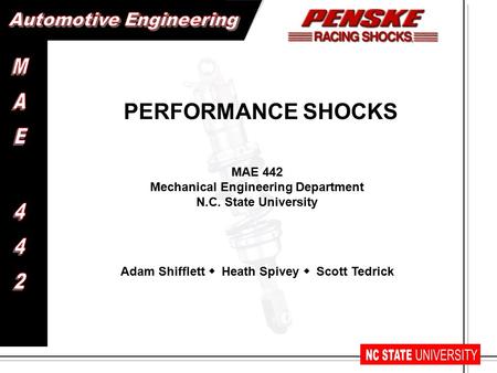 MAE 442 Mechanical Engineering Department N.C. State University PERFORMANCE SHOCKS Adam Shifflett  Heath Spivey  Scott Tedrick.