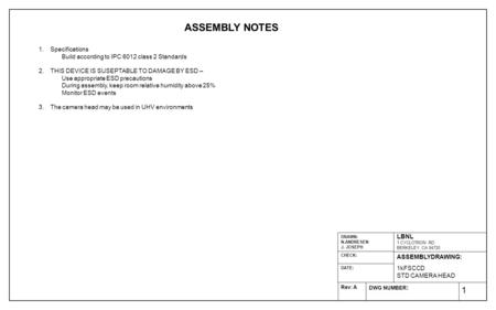 1 ASSEMBLY NOTES 1.Specifications Build according to IPC 6012 class 2 Standards 2.THIS DEVICE IS SUSEPTABLE TO DAMAGE BY ESD – Use appropriate ESD precautions.
