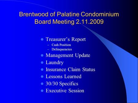 Brentwood of Palatine Condominium Board Meeting 2.11.2009 Treasurer’s Report – Cash Position – Delinquencies Management Update Laundry Insurance Claim.