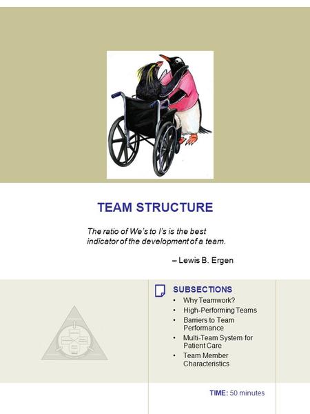 TEAM STRUCTURE The ratio of We’s to I’s is the best indicator of the development of a team. – Lewis B. Ergen SUBSECTIONS Why Teamwork? High-Performing.