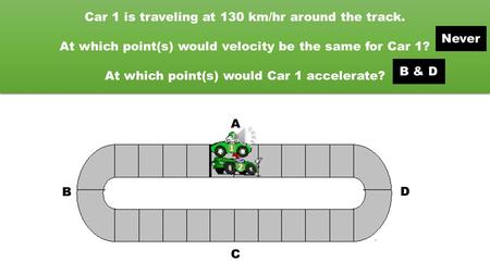 B C A Car 1 is traveling at 130 km/hr around the track. At which point(s) would velocity be the same for Car 1? At which point(s) would Car 1 accelerate?