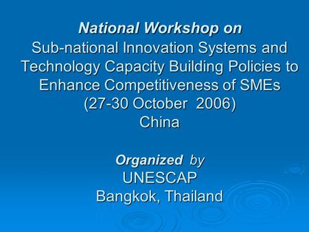 National Workshop on Sub-national Innovation Systems and Technology Capacity Building Policies to Enhance Competitiveness of SMEs (27-30 October 2006)