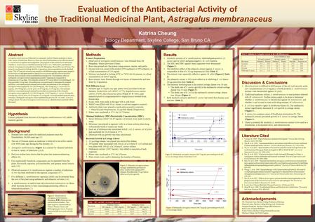 Evaluation of the Antibacterial Activity of the Traditional Medicinal Plant, Astragalus membranaceus Katrina Cheung Biology Department, Skyline College,