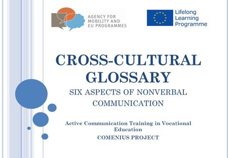 CROSS-CULTURAL GLOSSARY SIX ASPECTS OF NONVERBAL COMMUNICATION Active Communication Training in Vocational Education COMENIUS PROJECT.