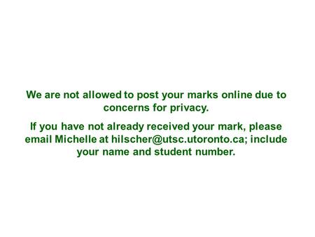 We are not allowed to post your marks online due to concerns for privacy. If you have not already received your mark, please  Michelle at