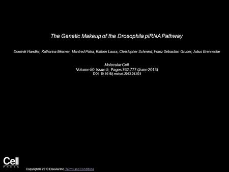 The Genetic Makeup of the Drosophila piRNA Pathway Dominik Handler, Katharina Meixner, Manfred Pizka, Kathrin Lauss, Christopher Schmied, Franz Sebastian.