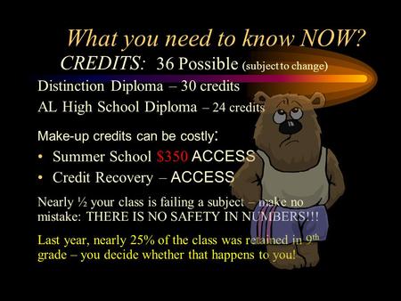 What you need to know NOW? CREDITS: 36 Possible (subject to change) Distinction Diploma – 30 credits AL High School Diploma – 24 credits Make-up credits.
