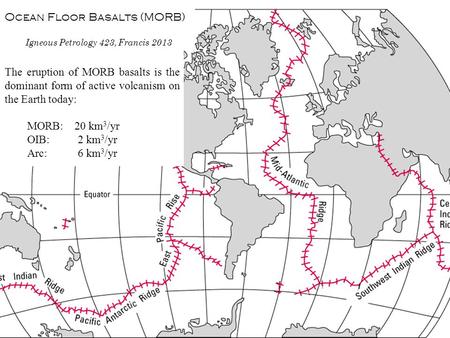 Ocean Floor Basalts (MORB) Igneous Petrology 423, Francis 2013 The eruption of MORB basalts is the dominant form of active volcanism on the Earth today: