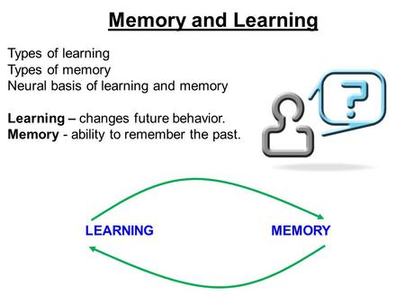 Memory and Learning Types of learning Types of memory Neural basis of learning and memory Learning – changes future behavior. Memory - ability to remember.