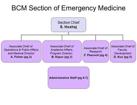 BCM Section of Emergency Medicine Section Chief S. Hoxhaj Associate Chief of Academic Affairs, Program Director, B. Kapur (pg 3) Associate Chief of Operations.