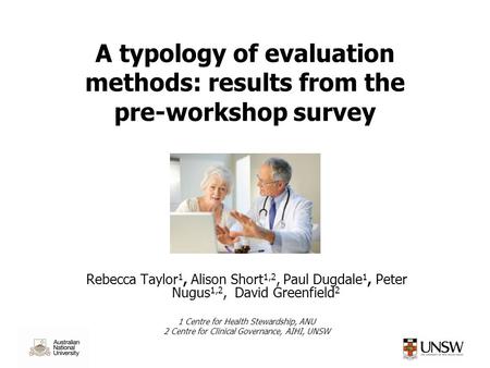 A typology of evaluation methods: results from the pre-workshop survey Rebecca Taylor 1, Alison Short 1,2, Paul Dugdale 1, Peter Nugus 1,2, David Greenfield.