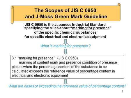 1 JIS C 0950 is the Japanese Industrial Standard specifying the rules about “marking for presence” of the specific chemical substances for specific electrical.