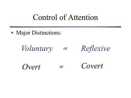 Control of Attention Major Distinctions: VoluntaryReflexive Overt Covert or.