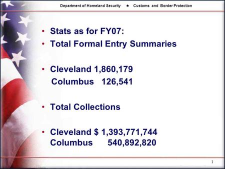 Stats as for FY07: Total Formal Entry Summaries  Cleveland 1,860,179 