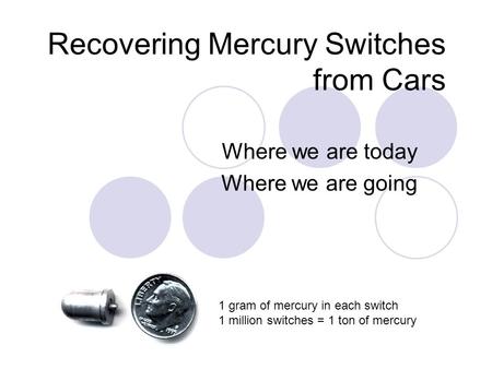Recovering Mercury Switches from Cars Where we are today Where we are going 1 gram of mercury in each switch 1 million switches = 1 ton of mercury.