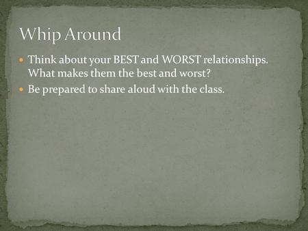 Think about your BEST and WORST relationships. What makes them the best and worst? Be prepared to share aloud with the class.