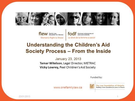 Www.onefamilylaw.ca Understanding the Children’s Aid Society Process – From the Inside January 23, 2013 23/01/20131 Tamar Witelson, Legal Director, METRAC.