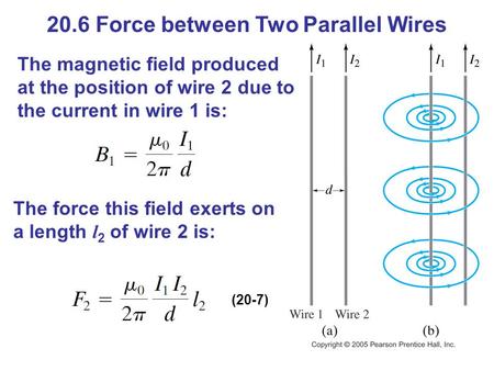 20.6 Force between Two Parallel Wires The magnetic field produced at the position of wire 2 due to the current in wire 1 is: The force this field exerts.
