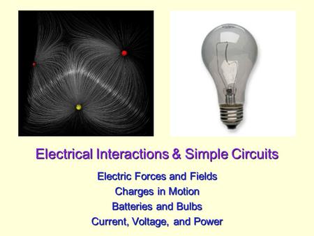 Electrical Interactions & Simple Circuits Electric Forces and Fields Charges in Motion Batteries and Bulbs Current, Voltage, and Power.