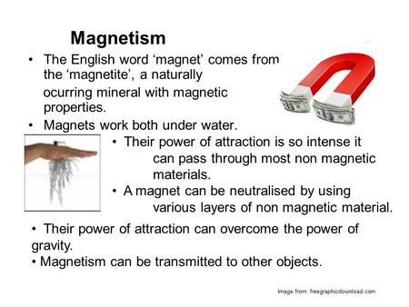 The English word ‘magnet’ comes from the ‘magnetite’, a naturally ocurring mineral with magnetic properties. Magnets work both under water. Their power.