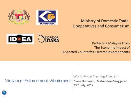 1 Vigilance–Enforcement–Abatement World Micro Training Program Diane Hummer, Mahendran Sanggaren 23 rd, July, 2012 Ministry of Domestic Trade Cooperatives.