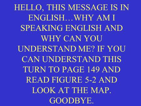 HELLO, THIS MESSAGE IS IN ENGLISH…WHY AM I SPEAKING ENGLISH AND WHY CAN YOU UNDERSTAND ME? IF YOU CAN UNDERSTAND THIS TURN TO PAGE 149 AND READ FIGURE.