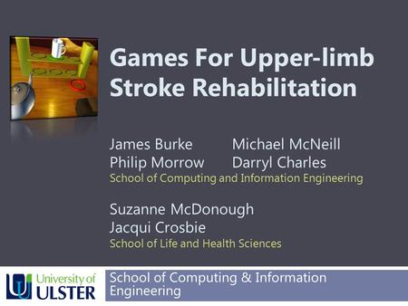 Games For Upper-limb Stroke Rehabilitation James BurkeMichael McNeill Philip MorrowDarryl Charles School of Computing and Information Engineering Suzanne.