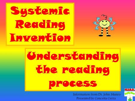 Systemic Reading Invention Understanding the reading process Information from Dr. John Munro Presented by Concetta Cerra.